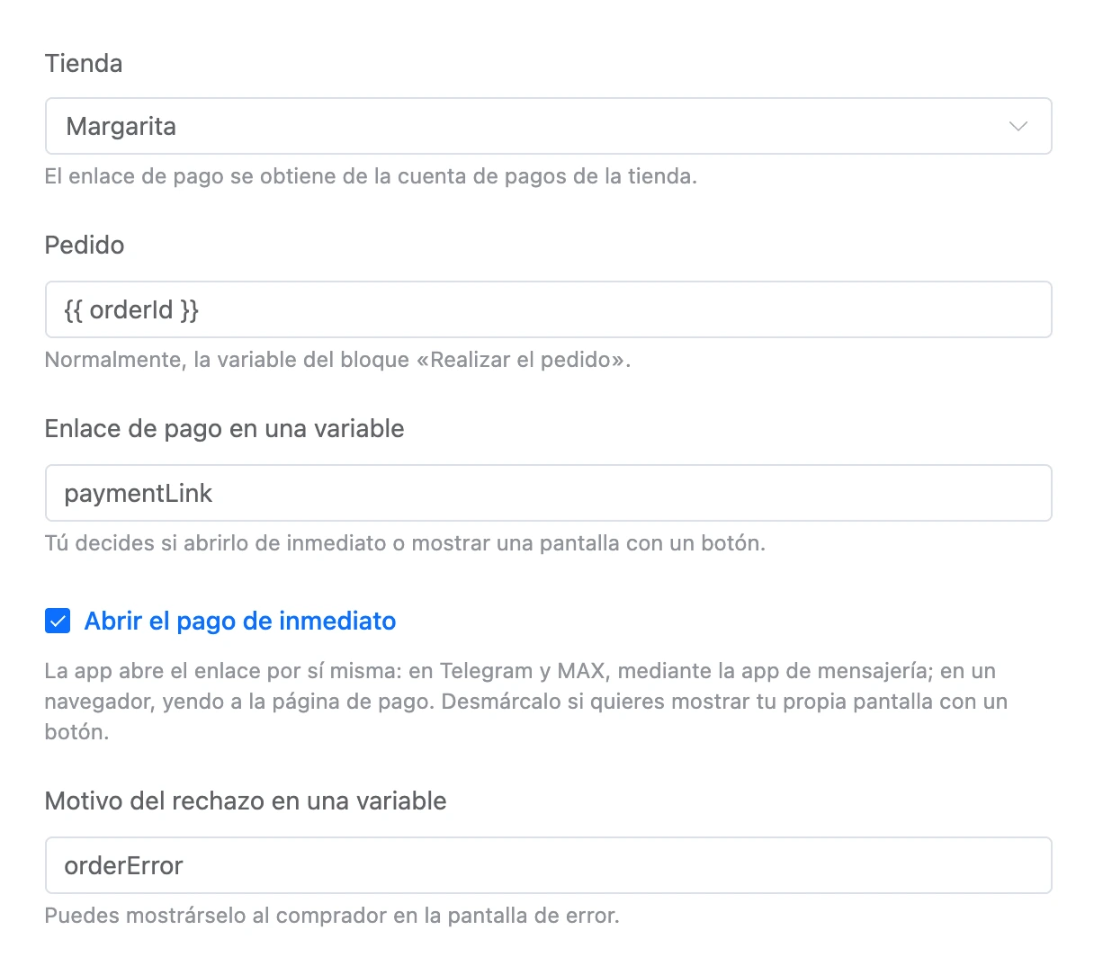 Bloque Pago del pedido: el pedido desde una variable, el enlace a una variable y «Abrir el pago de inmediato»