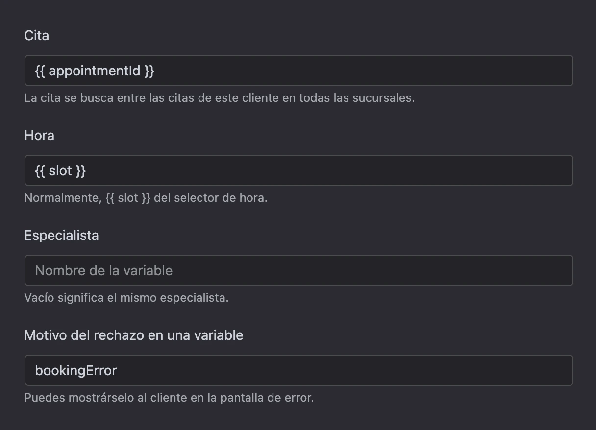 Bloque Cambiar cita: la cita, la hora y el especialista