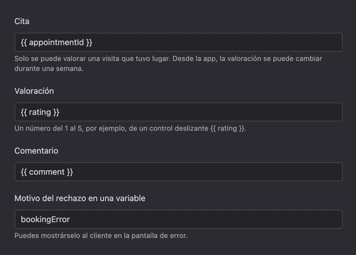 Bloque Valorar la visita: la cita, la valoración y el comentario desde variables
