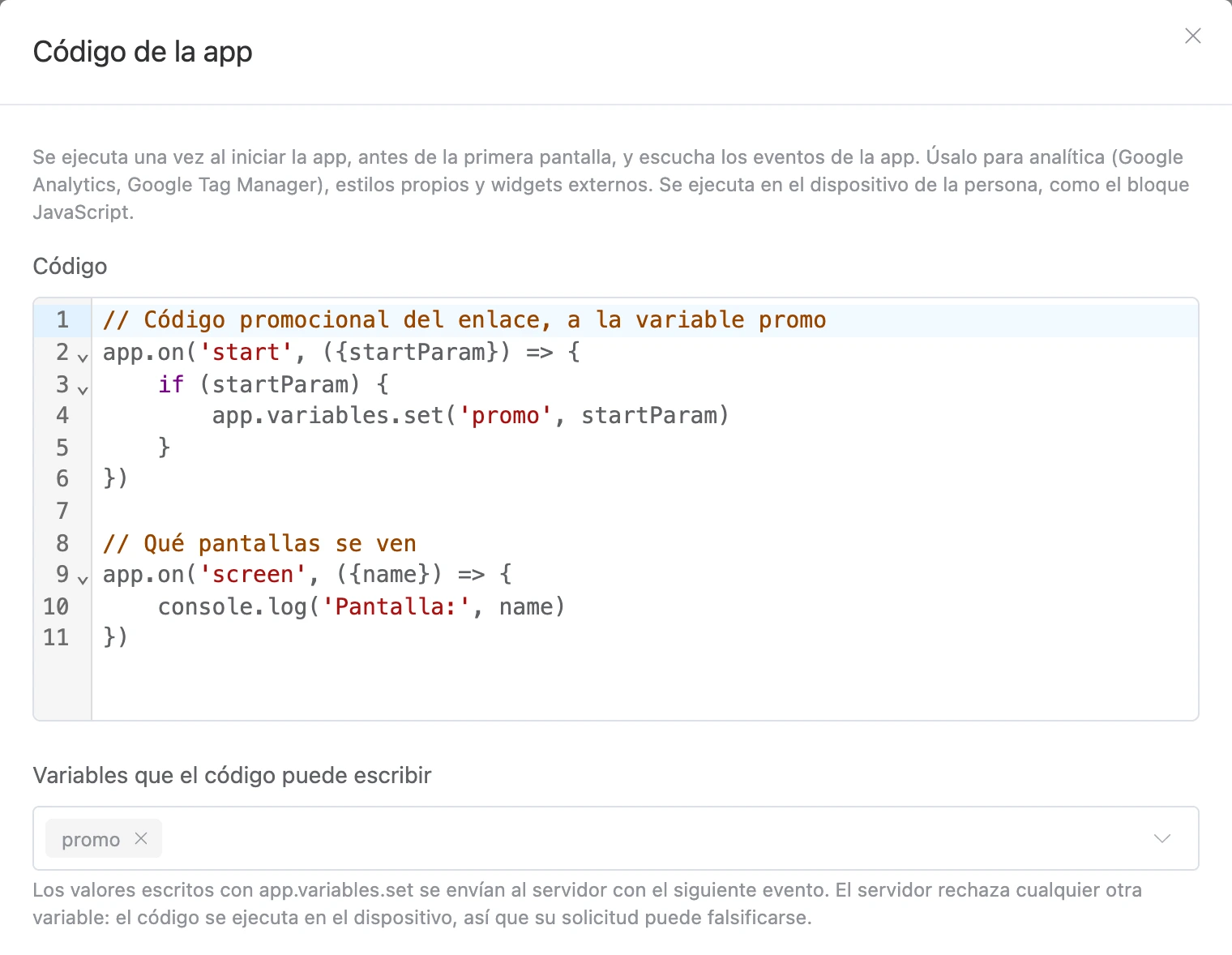 La ventana «Código de la app»