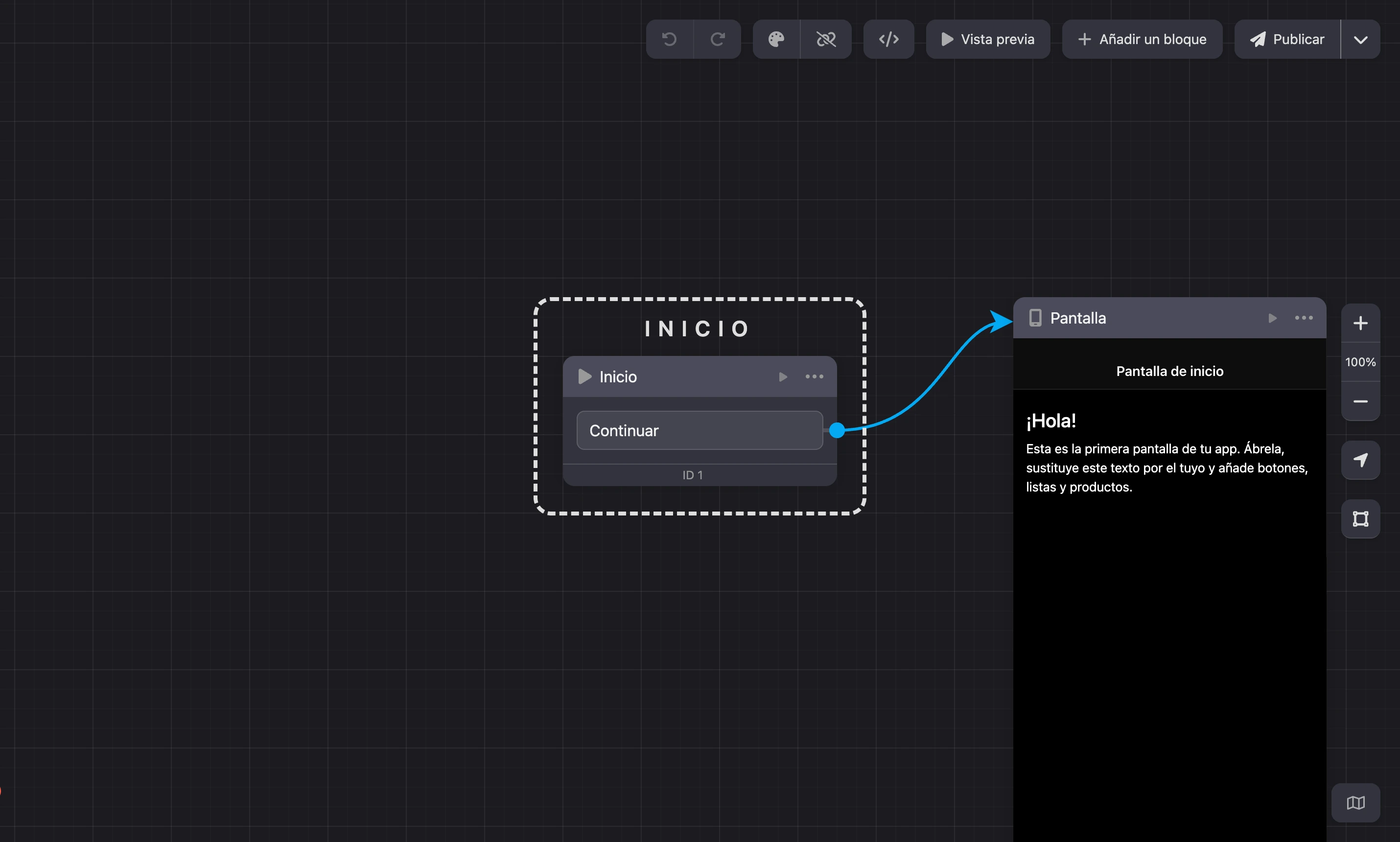 Esquema de una mini app: el bloque Inicio y la primera pantalla