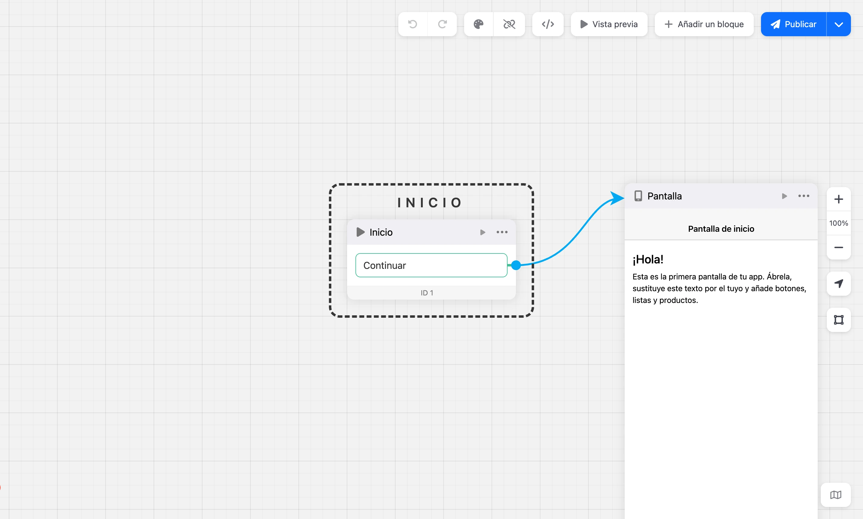 Esquema de una mini app: el bloque Inicio y la primera pantalla
