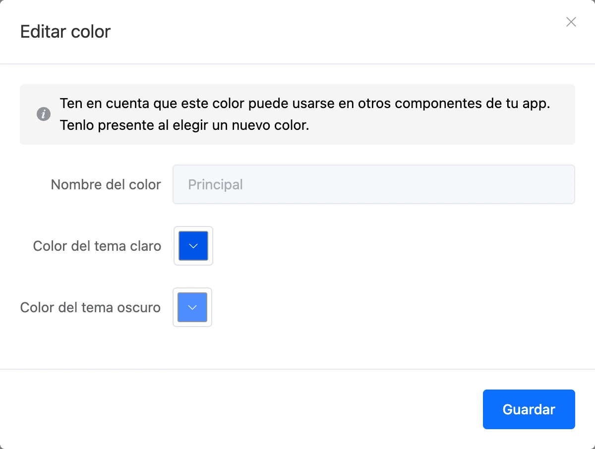 Edición de un color de la paleta: valores para los temas claro y oscuro