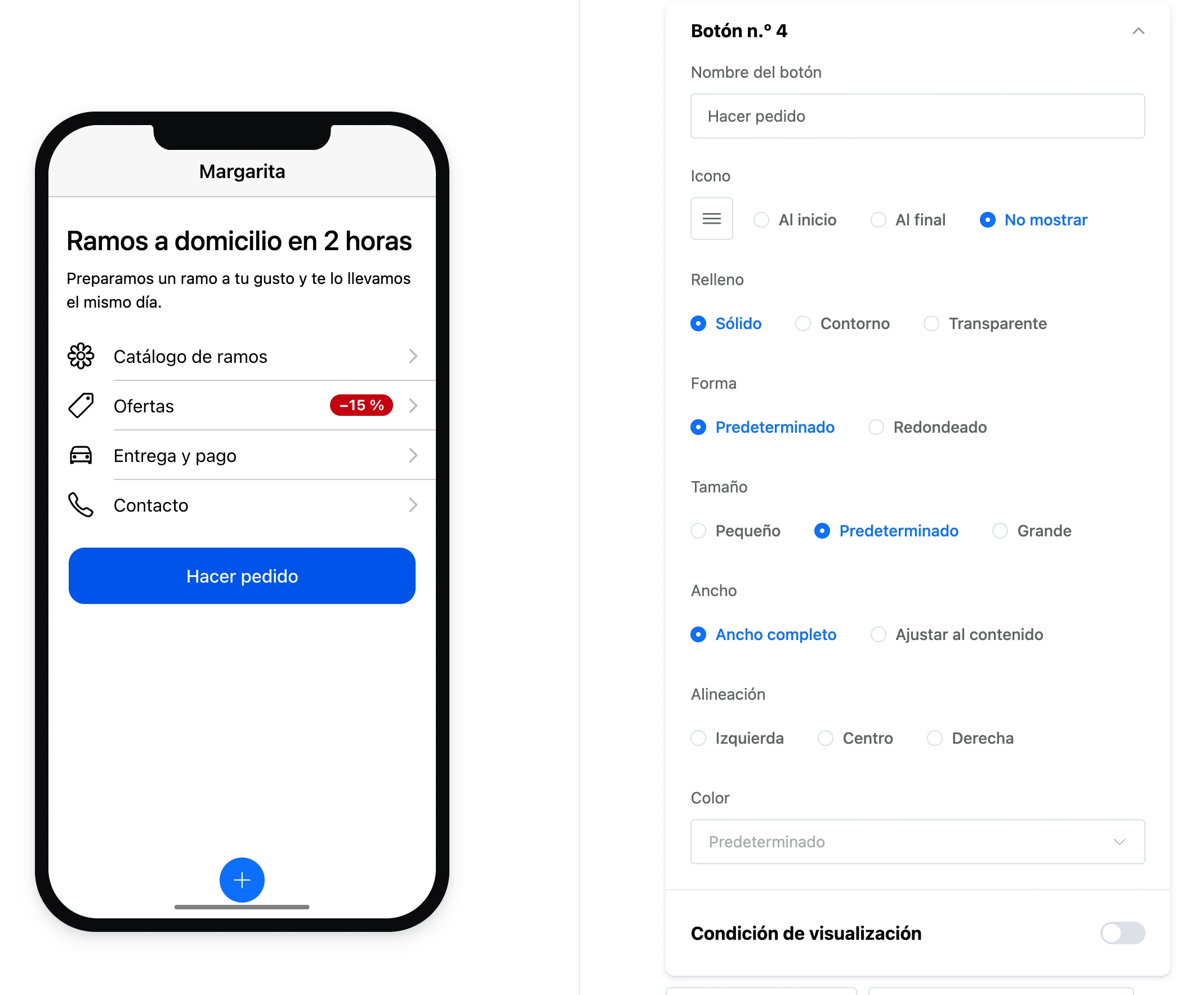 Editor de pantallas: al hacer clic en el botón del teléfono se abrió su configuración