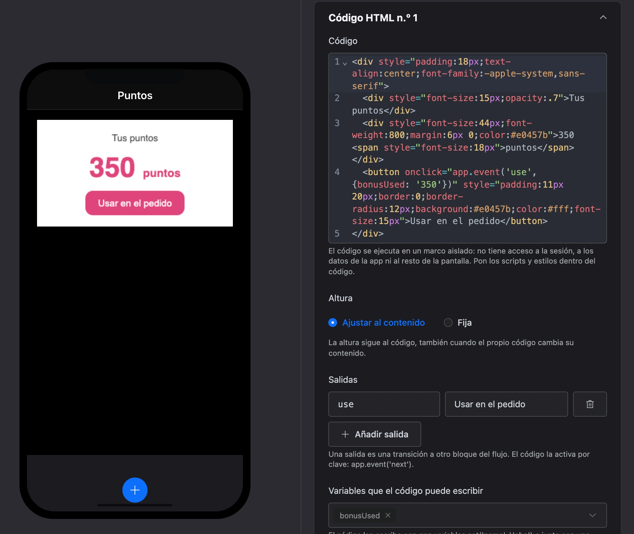 El elemento «Código HTML»: una tarjeta de bonificación en la pantalla, el código, las salidas y las variables