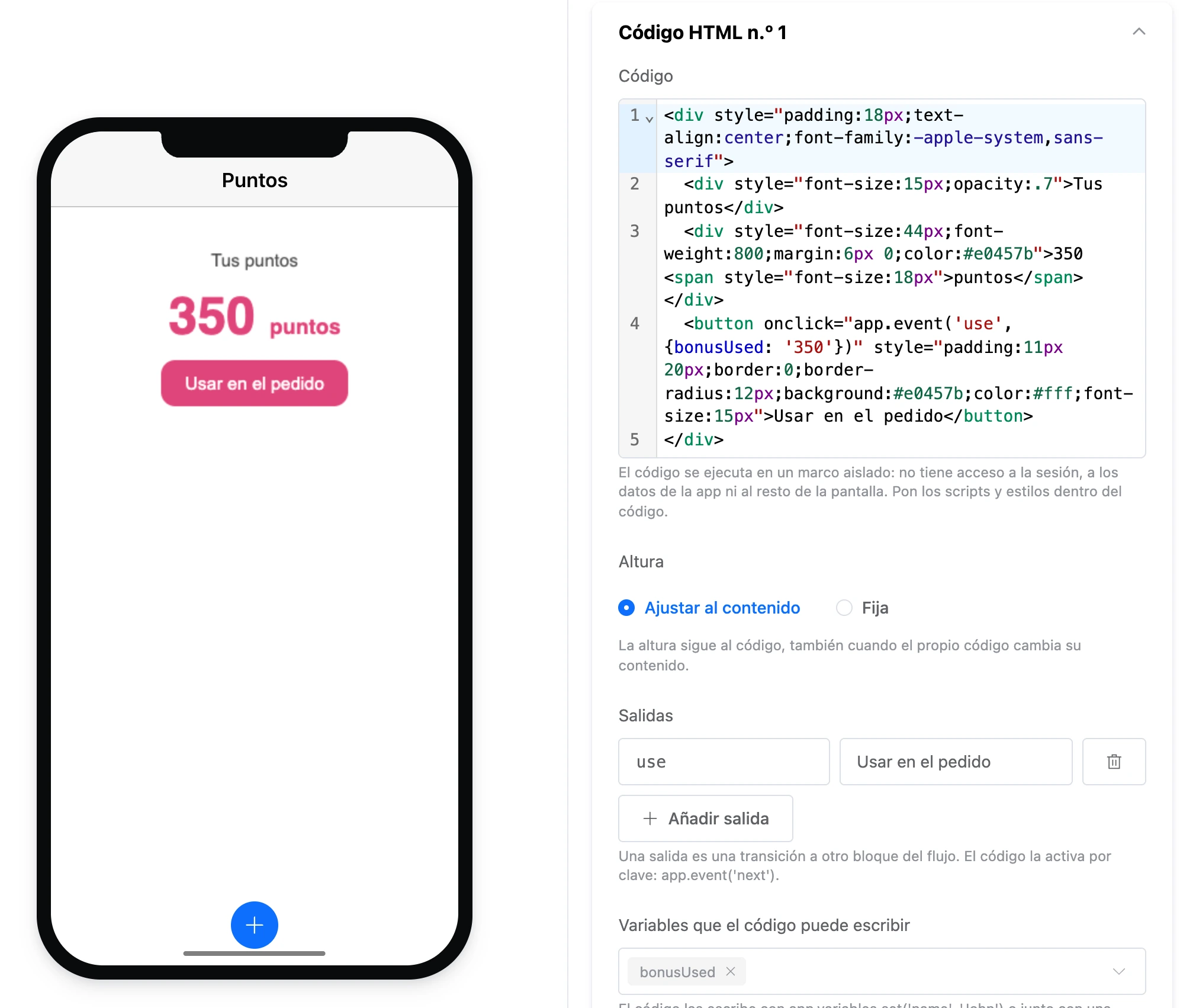 Elemento Código HTML: código, salidas y variables