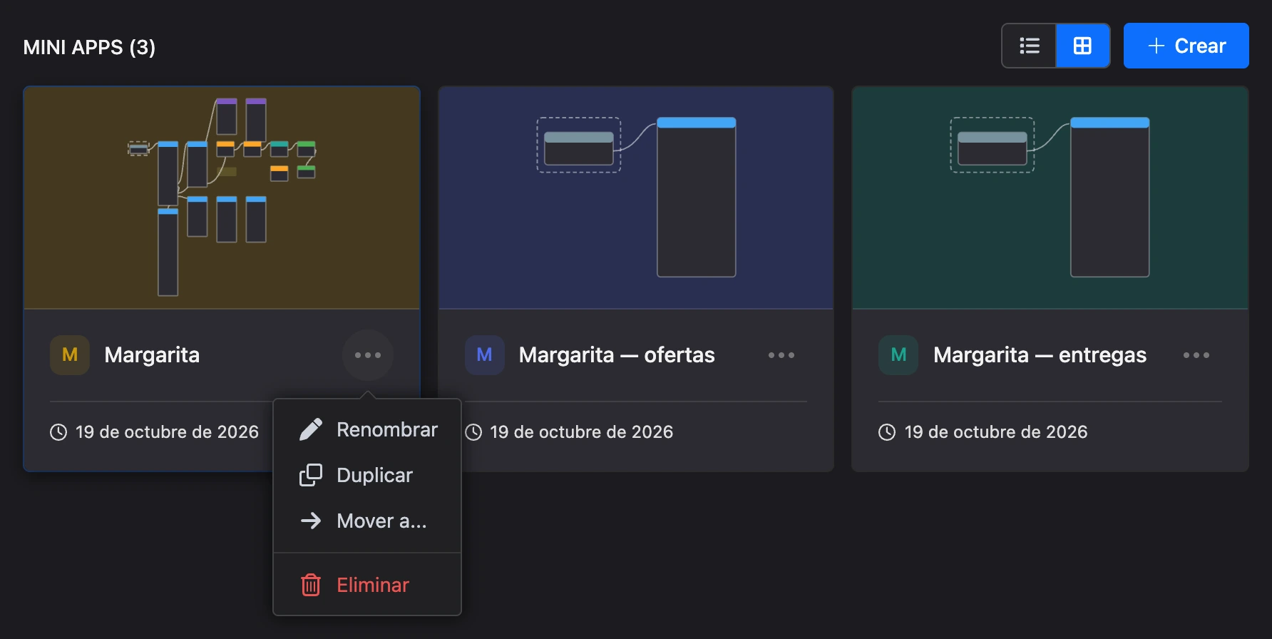 Lista de apps como tarjetas y el menú «⋯»