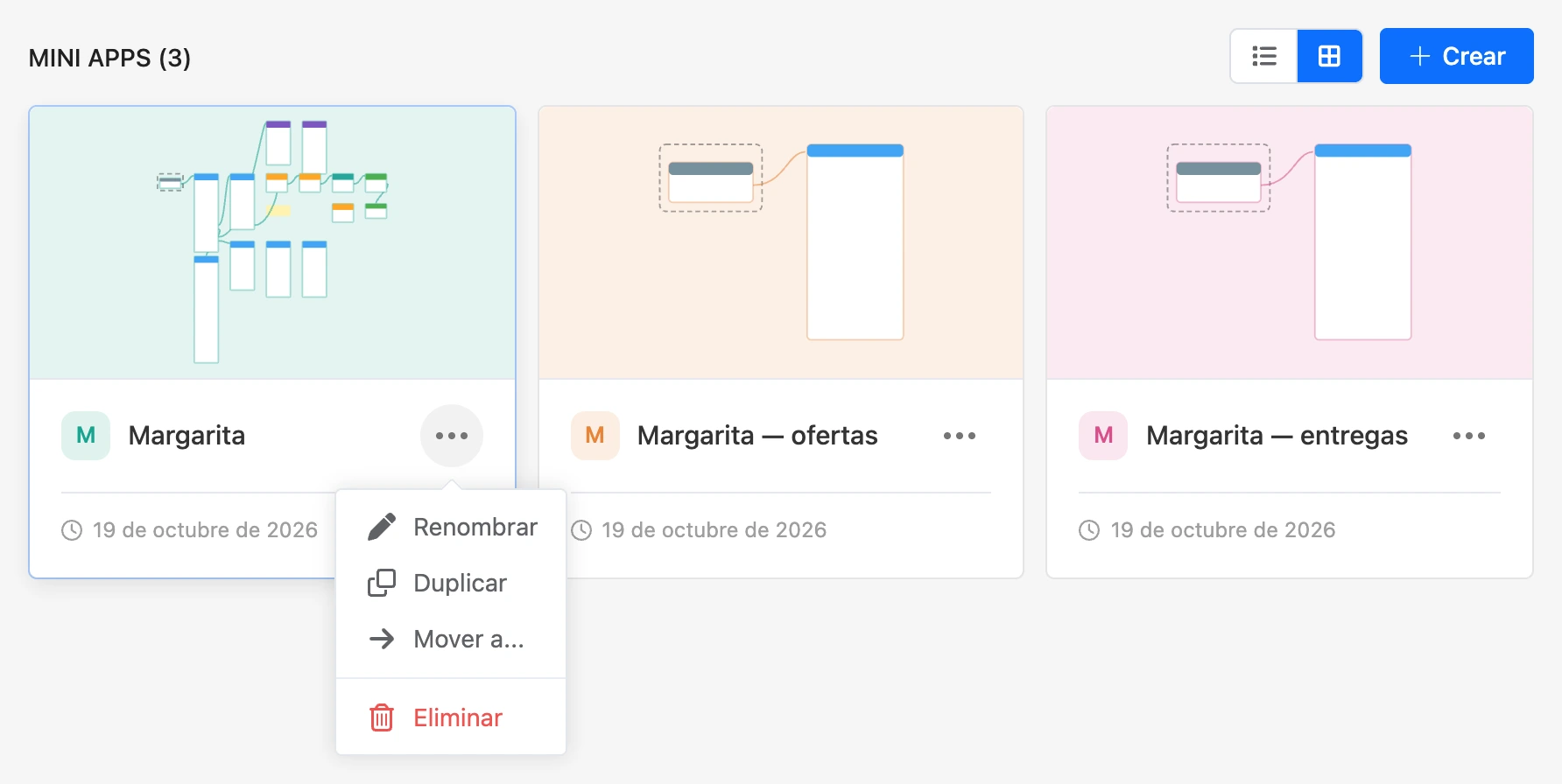 Lista de apps como tarjetas y el menú «⋯»