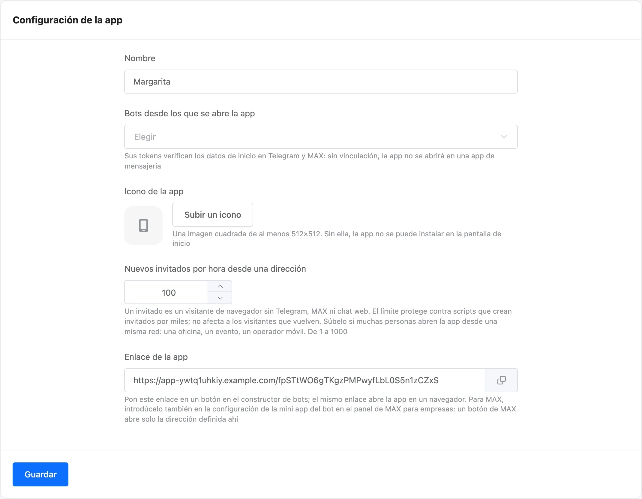 La sección Configuración de la mini app