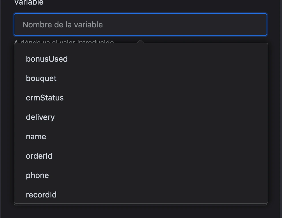 Sugerencias de nombres de variables en el campo Variable
