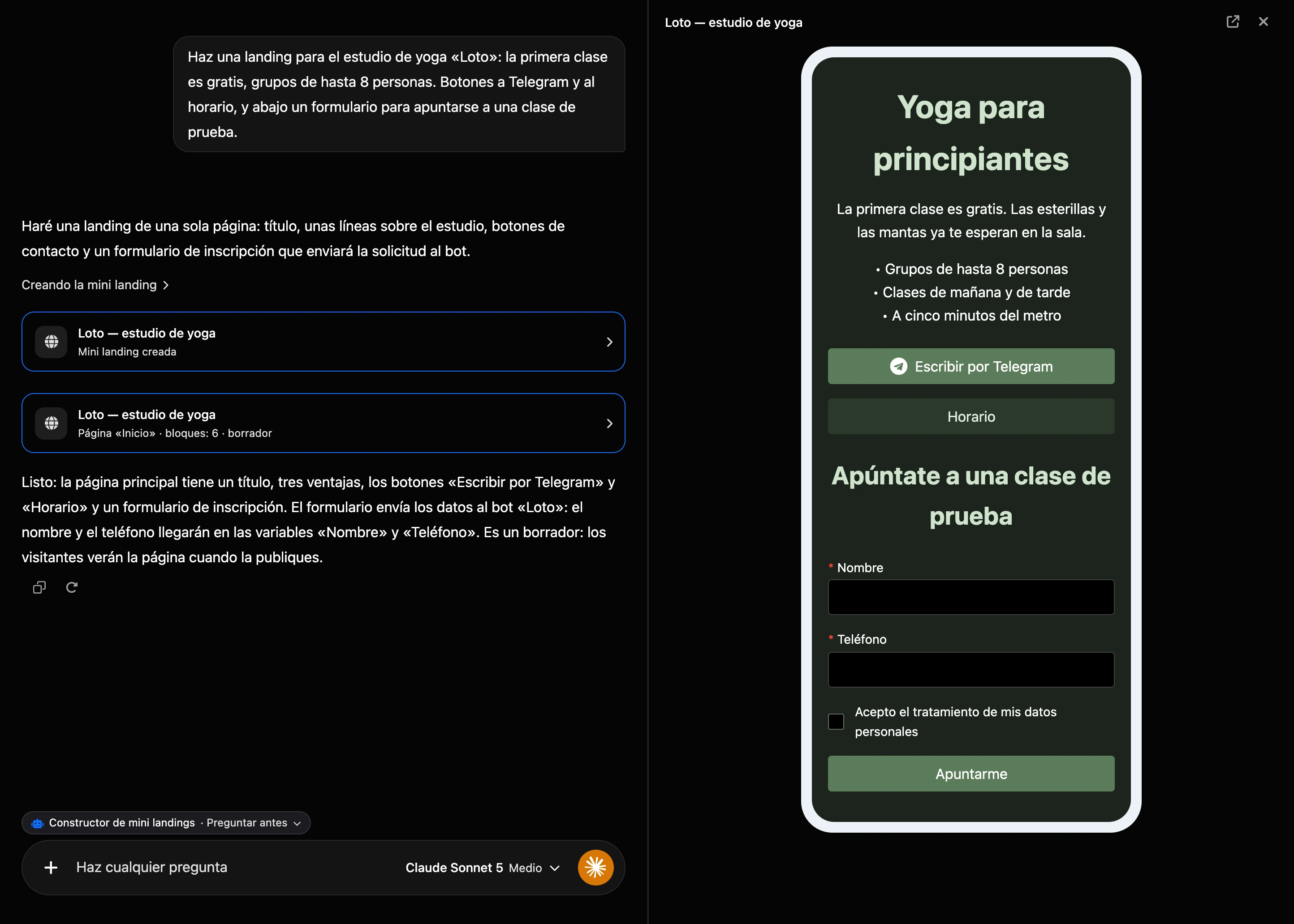 Creación en el chat de IA: tarjetas de la landing en la conversación y el borrador de la página a la derecha