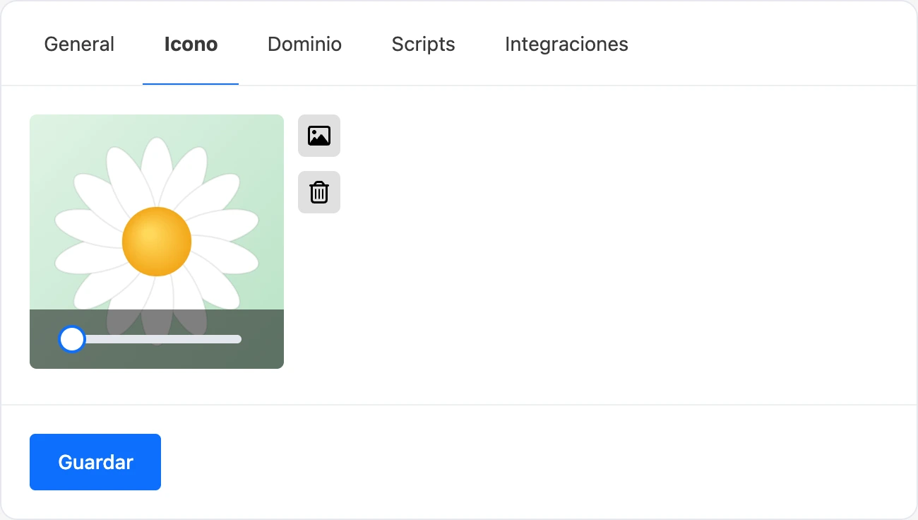 La pestaña «Icono»: la imagen subida en el marco con el control de zoom