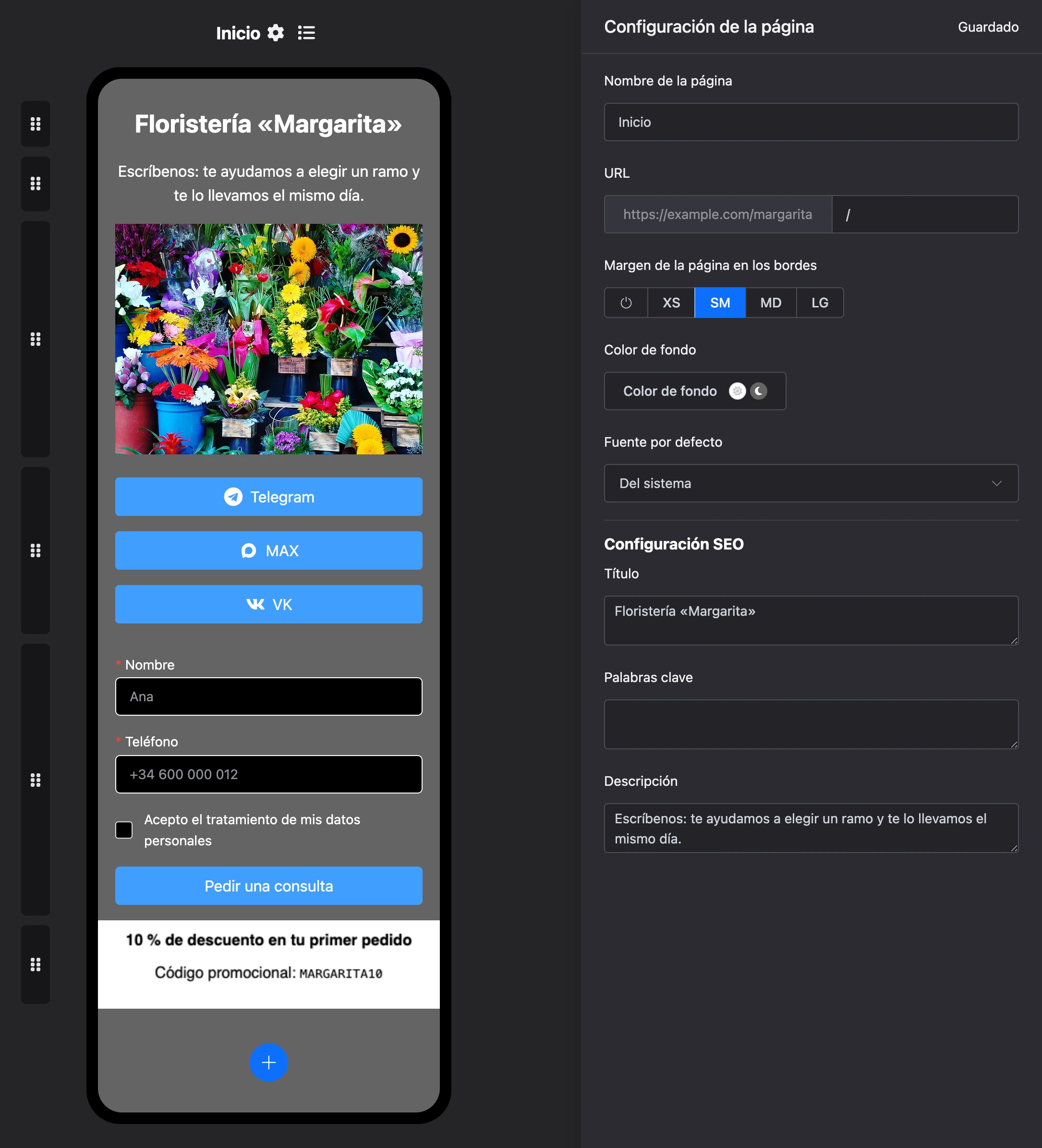 Configuración de la página: dirección, fondo, fuente y SEO