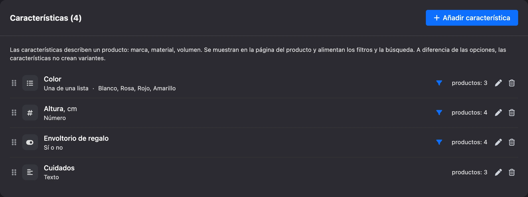 Lista de características