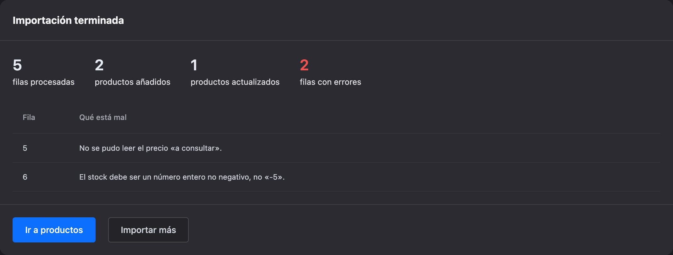 Resultado de la importación: contadores y filas con errores