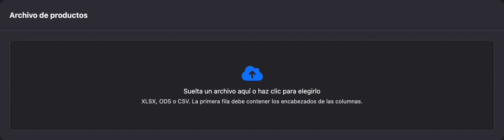 Subida del archivo de productos