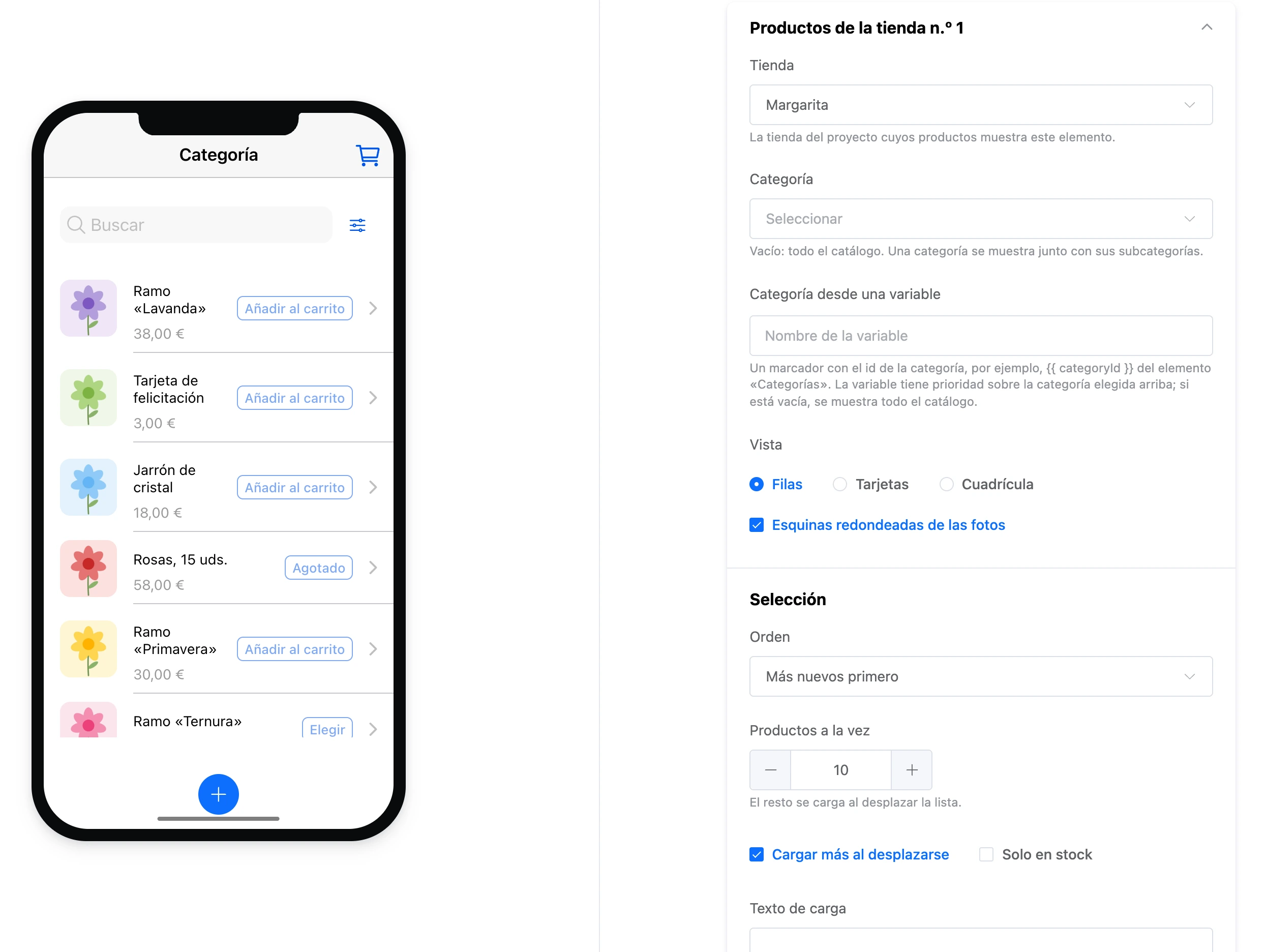 El elemento «Productos de la tienda» en el constructor de mini apps
