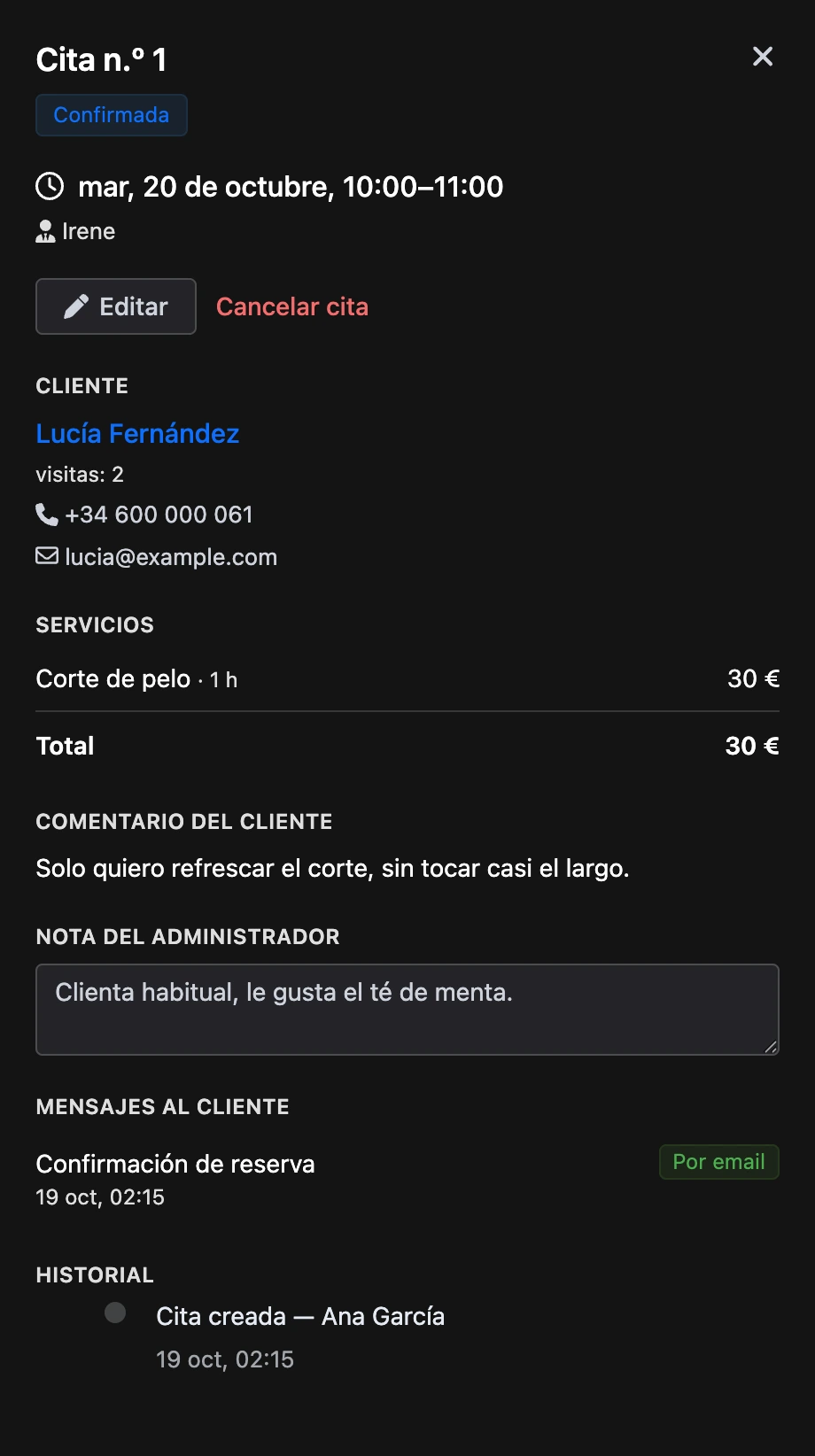 Tarjeta de la cita