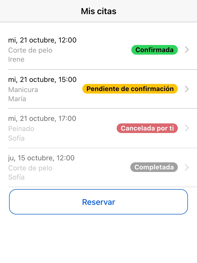 Mis citas: estados de las citas del cliente