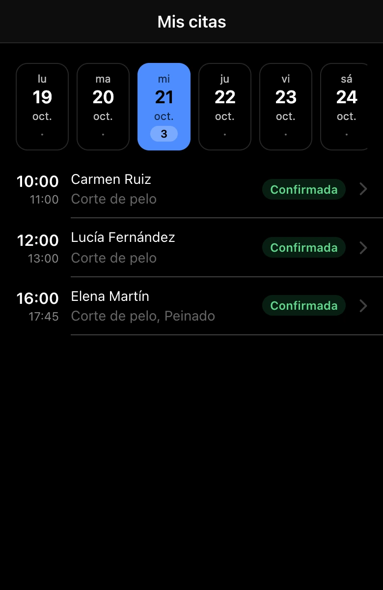 Las citas del día de un especialista en la mini app