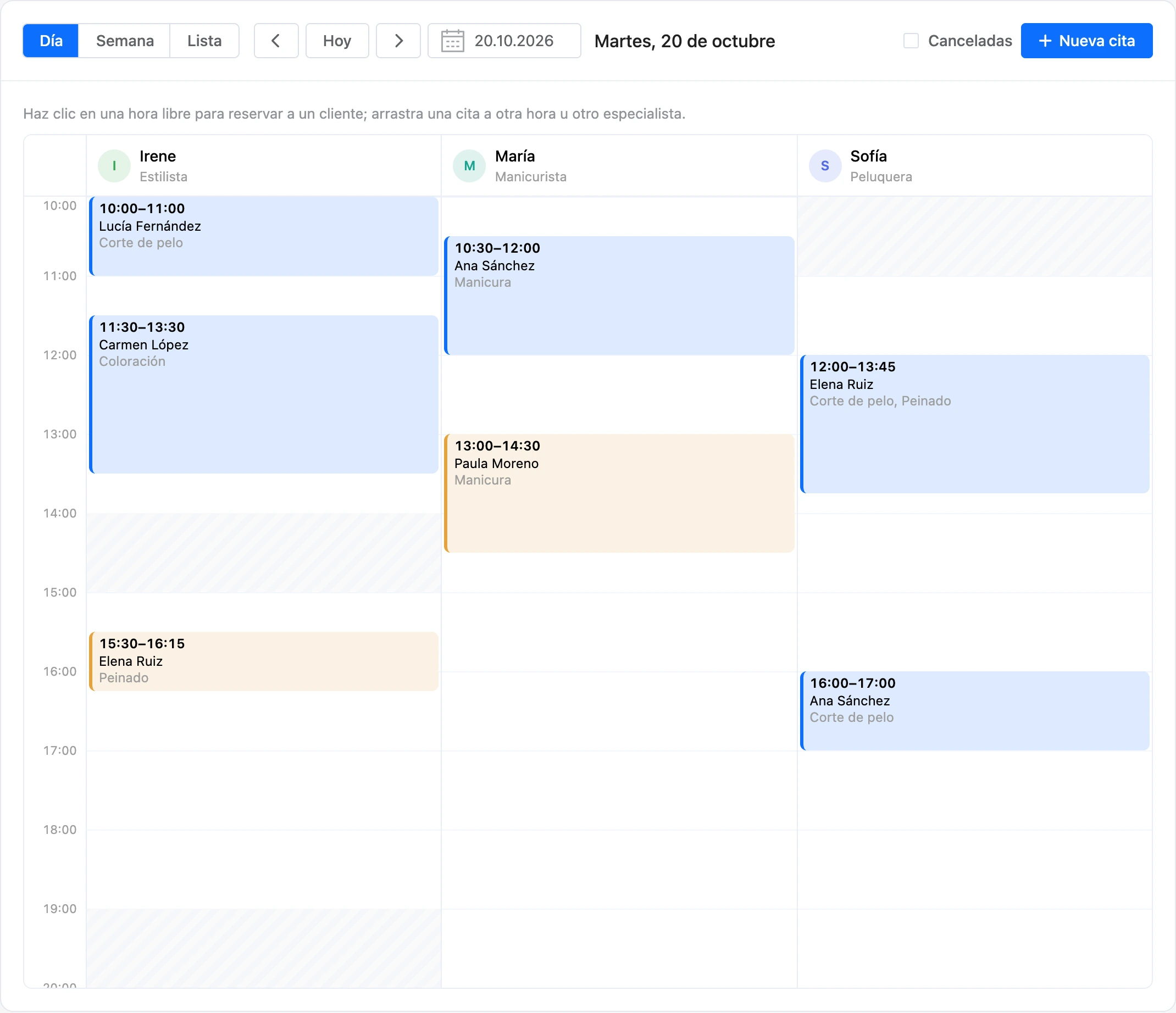 Agenda de citas en la vista Día