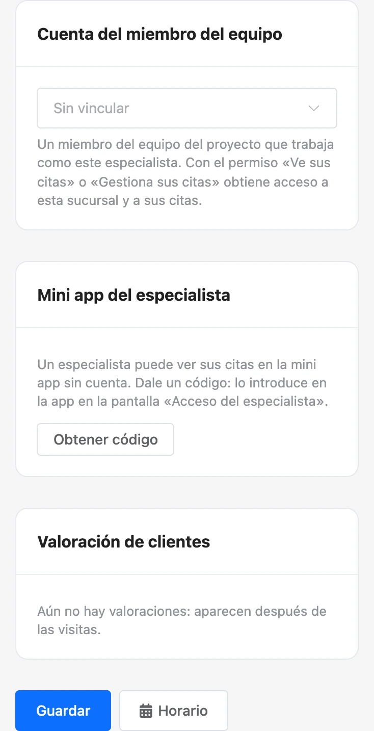 Los bloques «Cuenta del miembro del equipo» y «Mini app del especialista» en la tarjeta del especialista