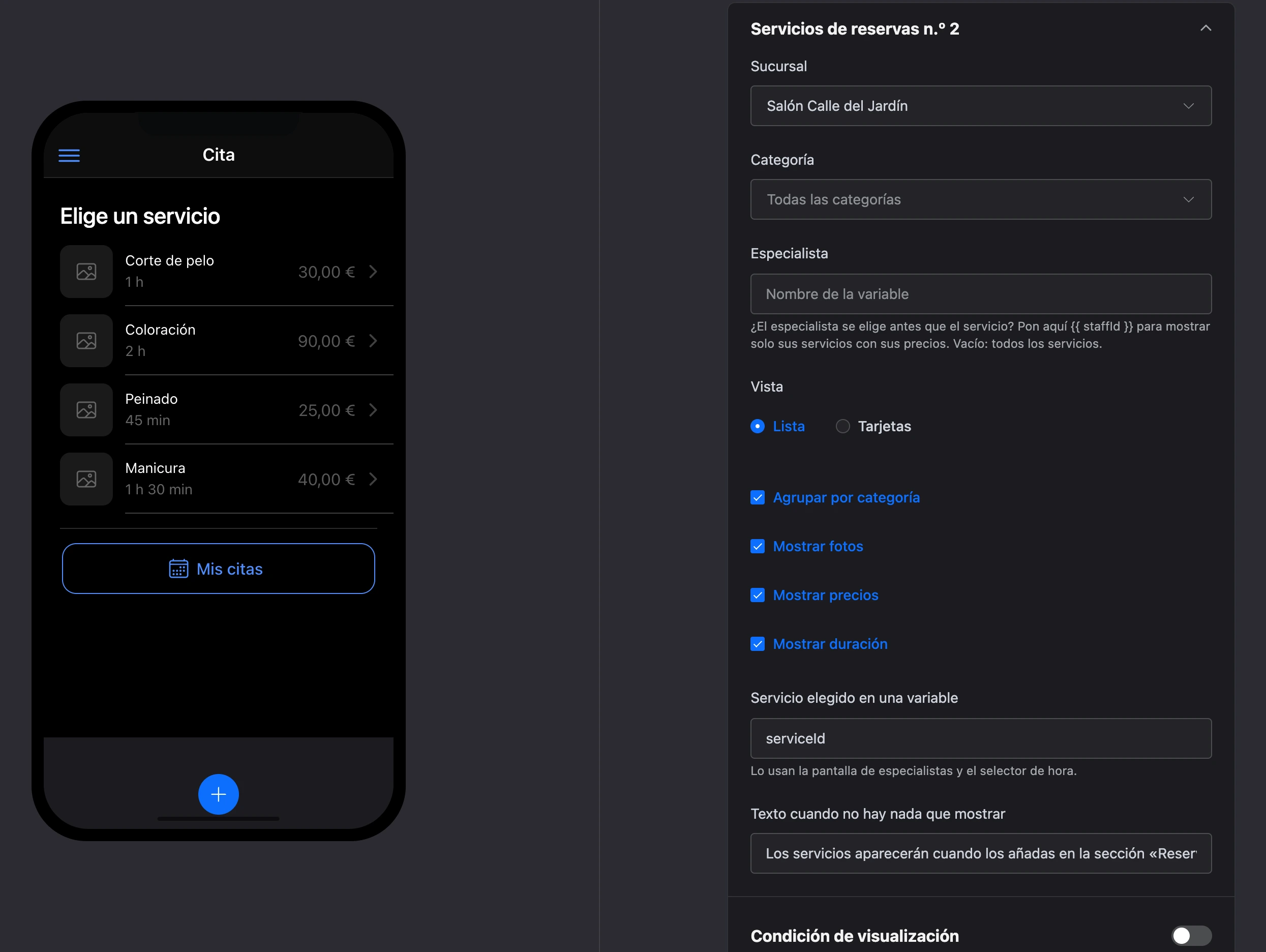 El elemento «Servicios de reservas» en el editor de la mini app