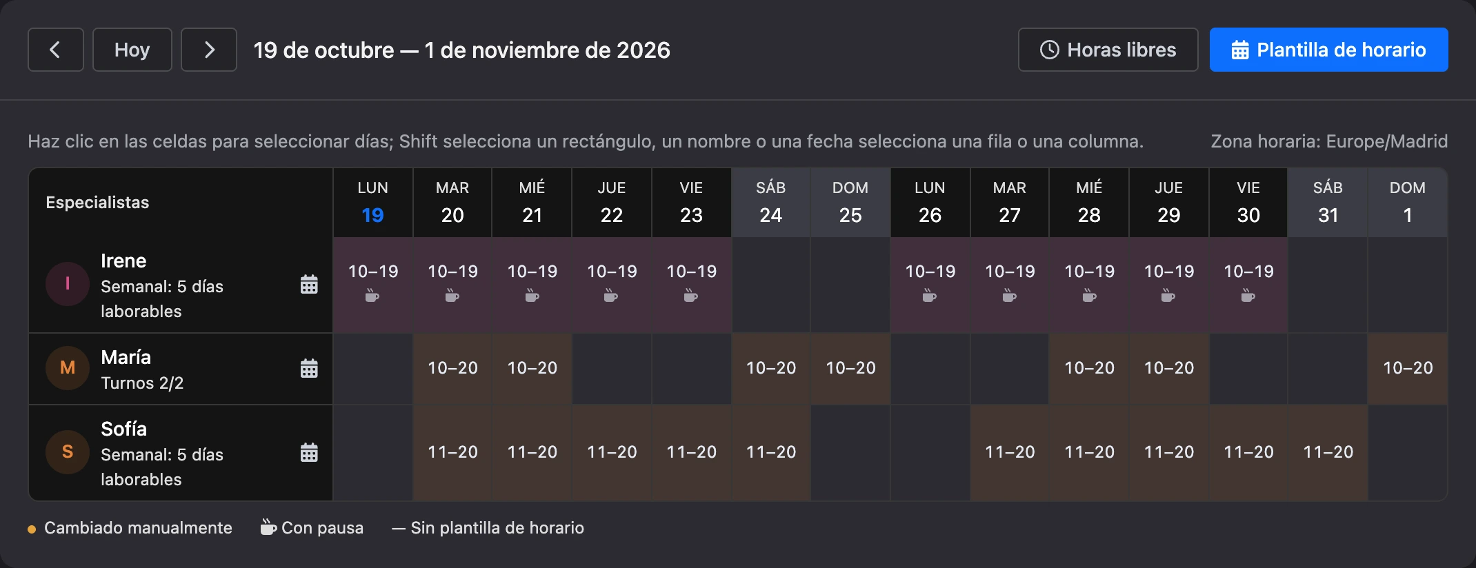 Tabla del horario de los especialistas