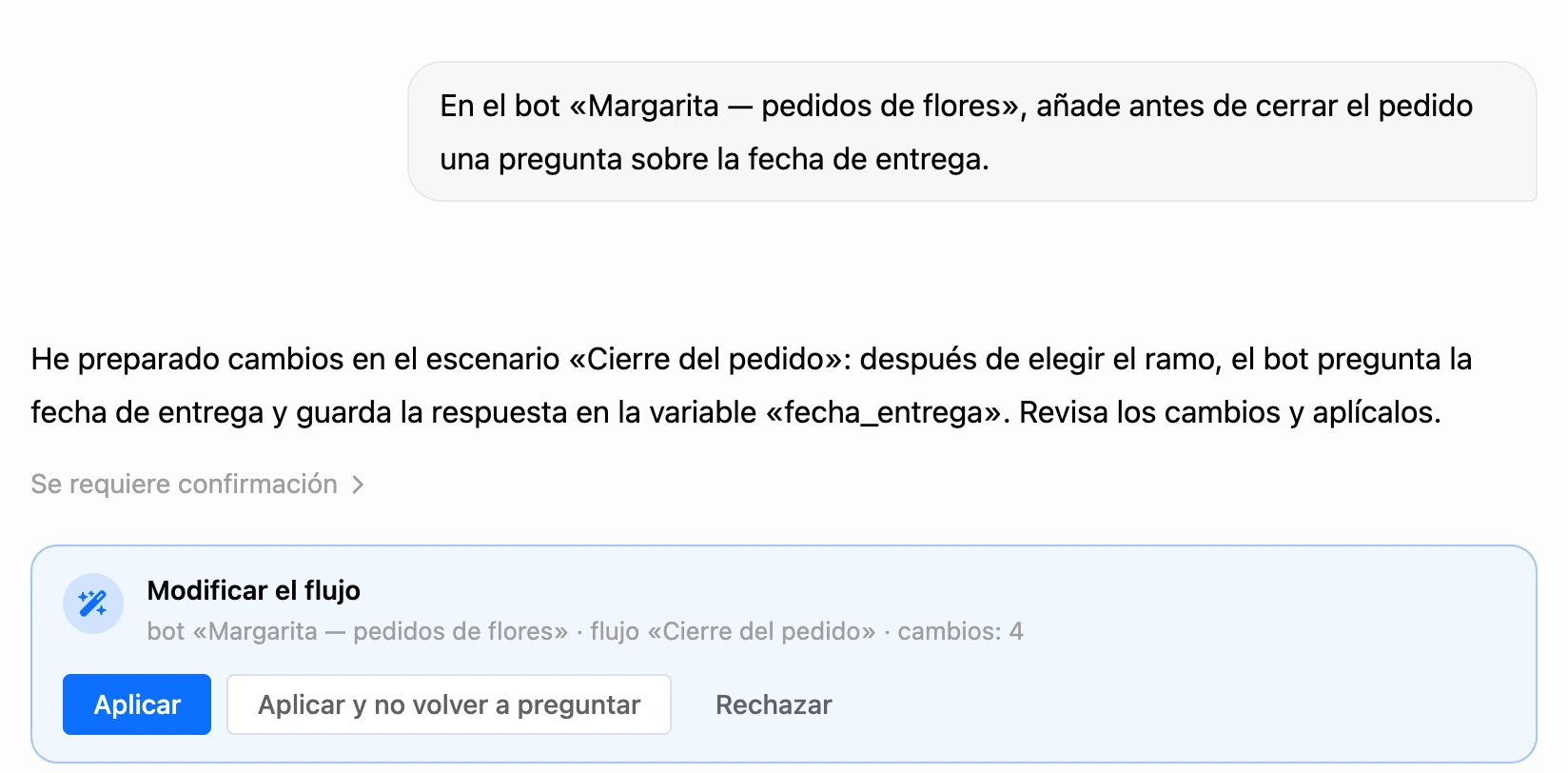 La tarjeta de confirmación de cambios en el chat de IA