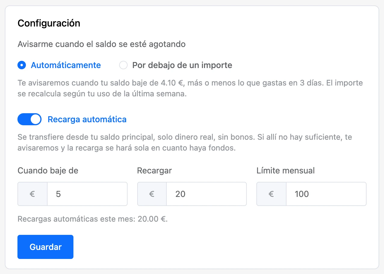 El bloque «Configuración» con la recarga automática activada