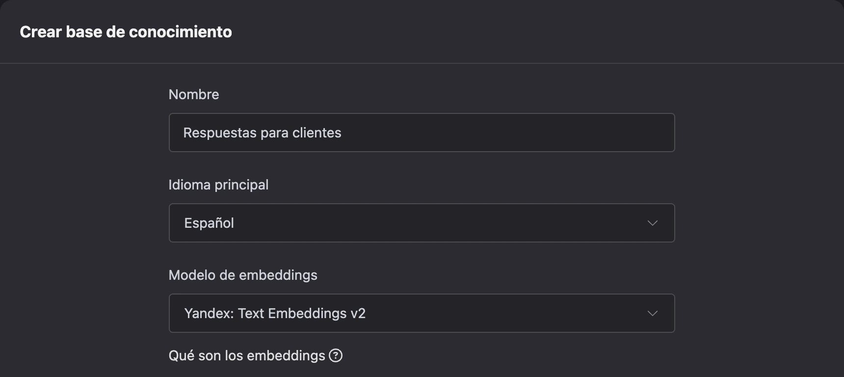 Formulario de creación de una base de conocimiento