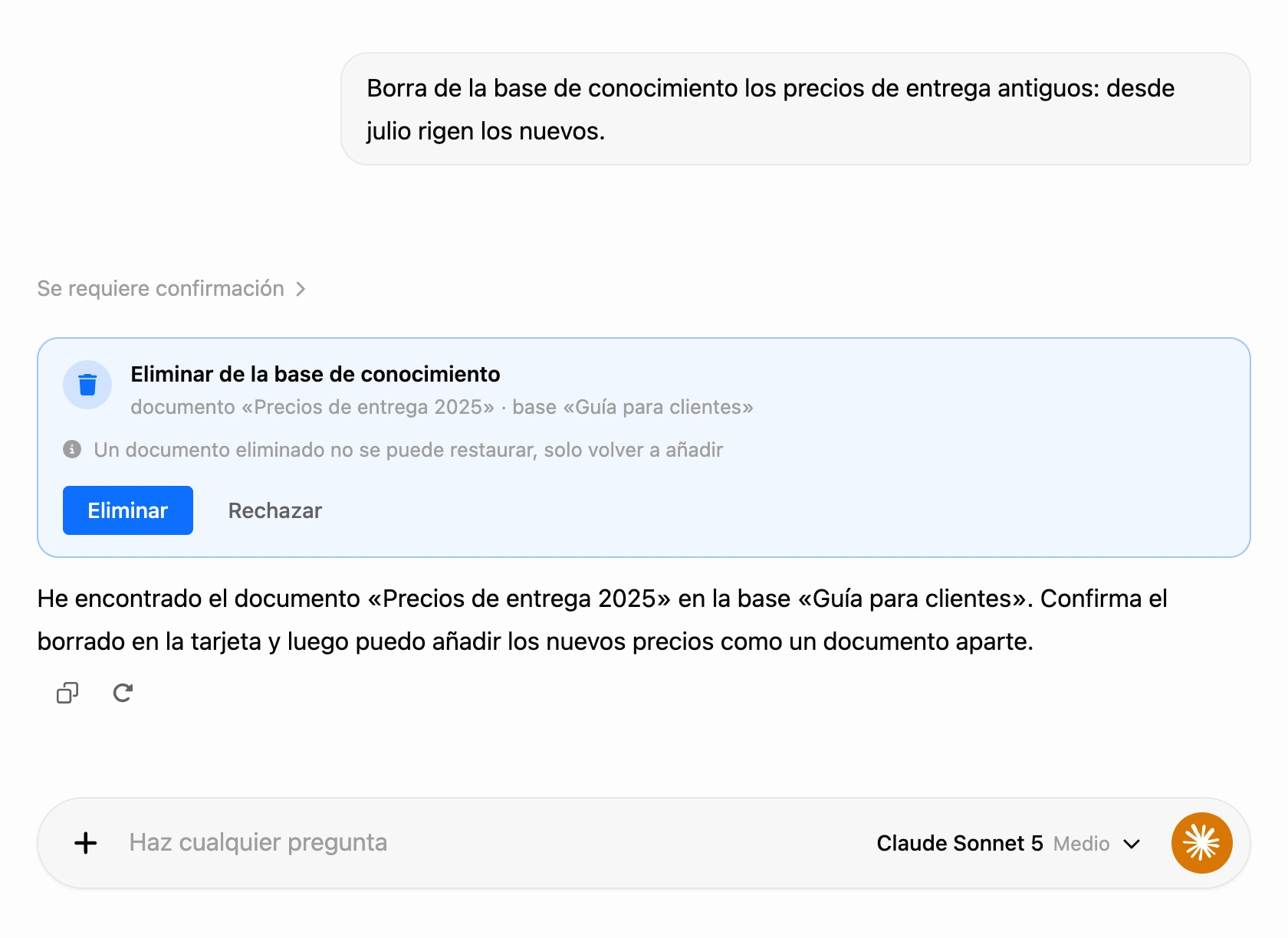 La tarjeta «Eliminar de la base de conocimiento» en la conversación