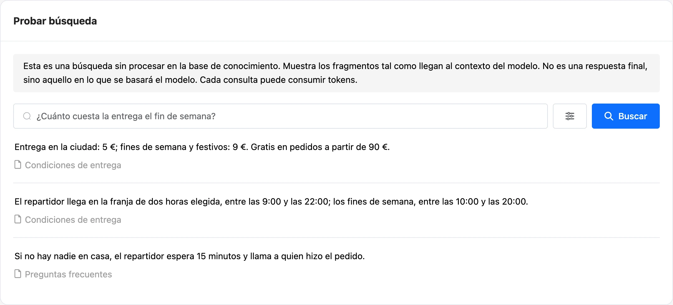 La página Probar búsqueda con los fragmentos encontrados