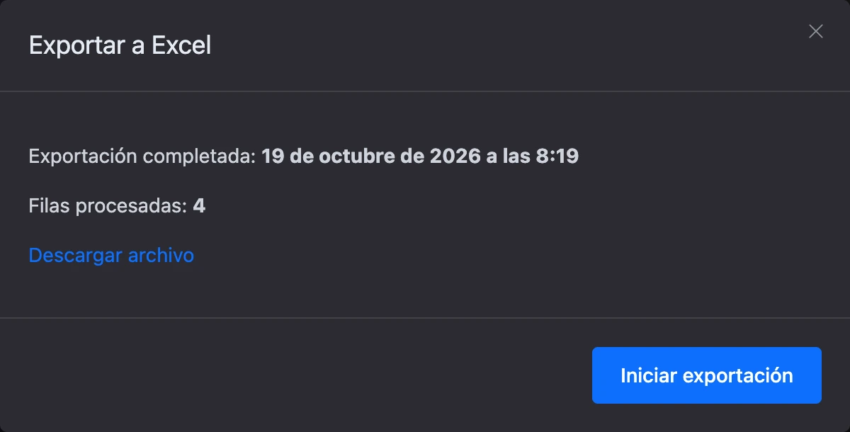 La ventana «Exportar a Excel» tras una exportación: fecha, número de filas y enlace al archivo