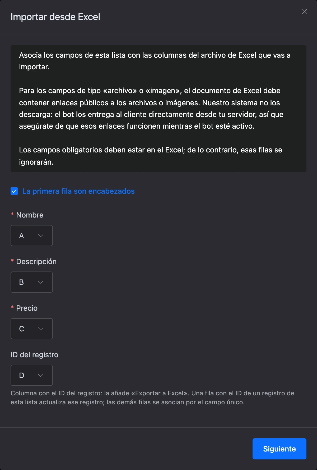 La ventana «Importar desde Excel», primer paso: columnas del archivo para los campos de la lista y la columna ID