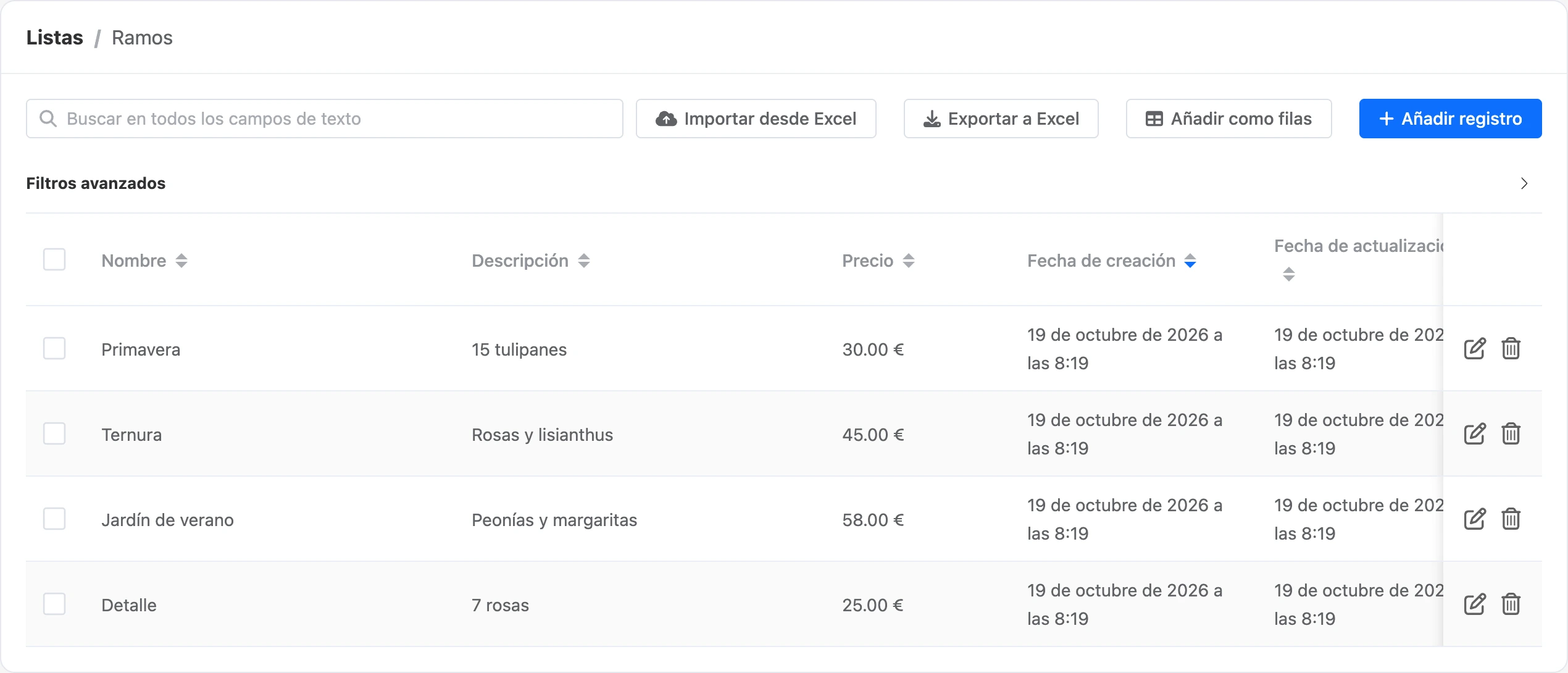 Tabla de registros de la lista con la búsqueda y los botones de importar, exportar y añadir