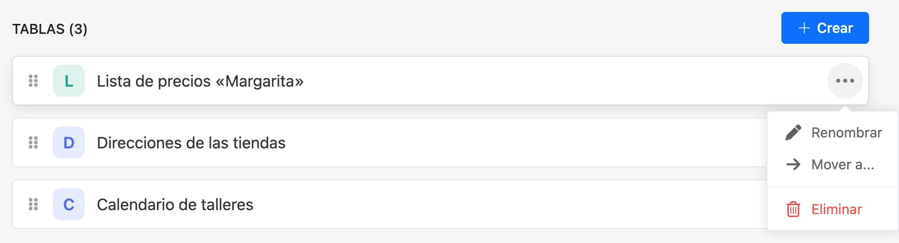 El menú «⋯» de una tabla en la lista