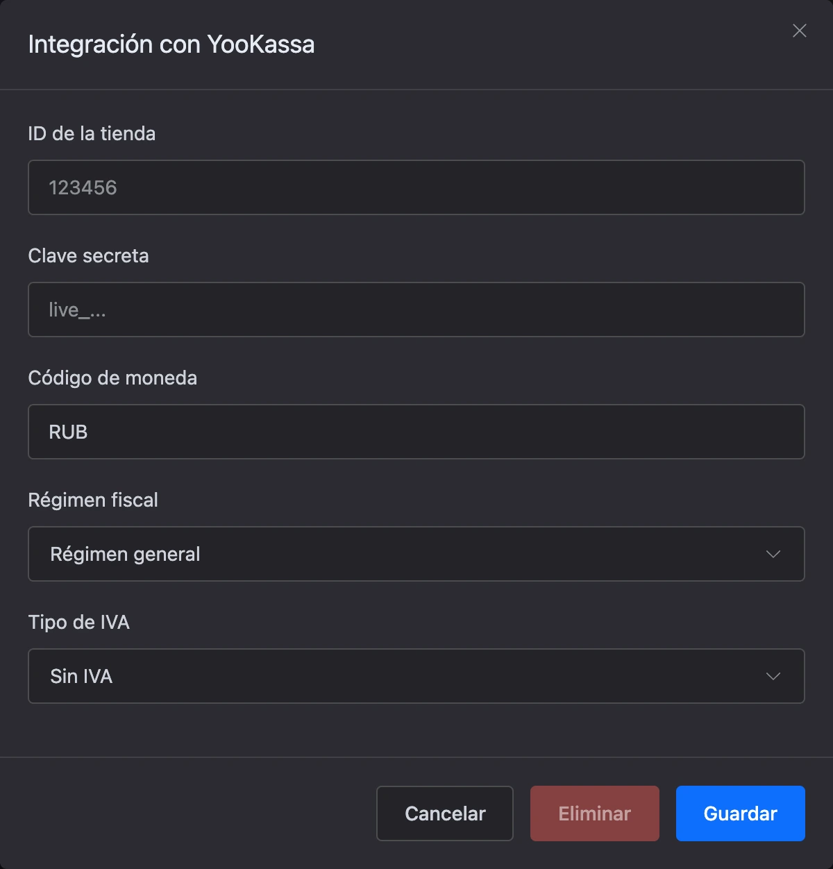 La ventana de una integración de pago del bot