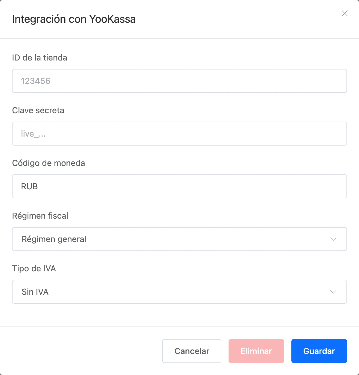 La ventana de una integración de pago del bot