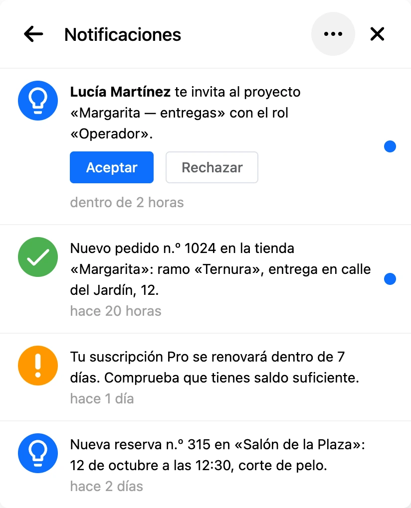 La lista de notificaciones en el menú de la cuenta