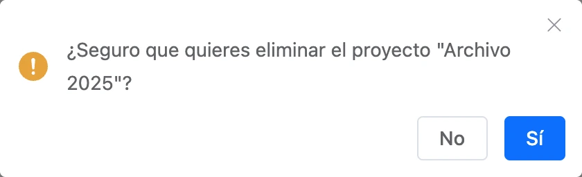 Confirmación antes de eliminar un proyecto