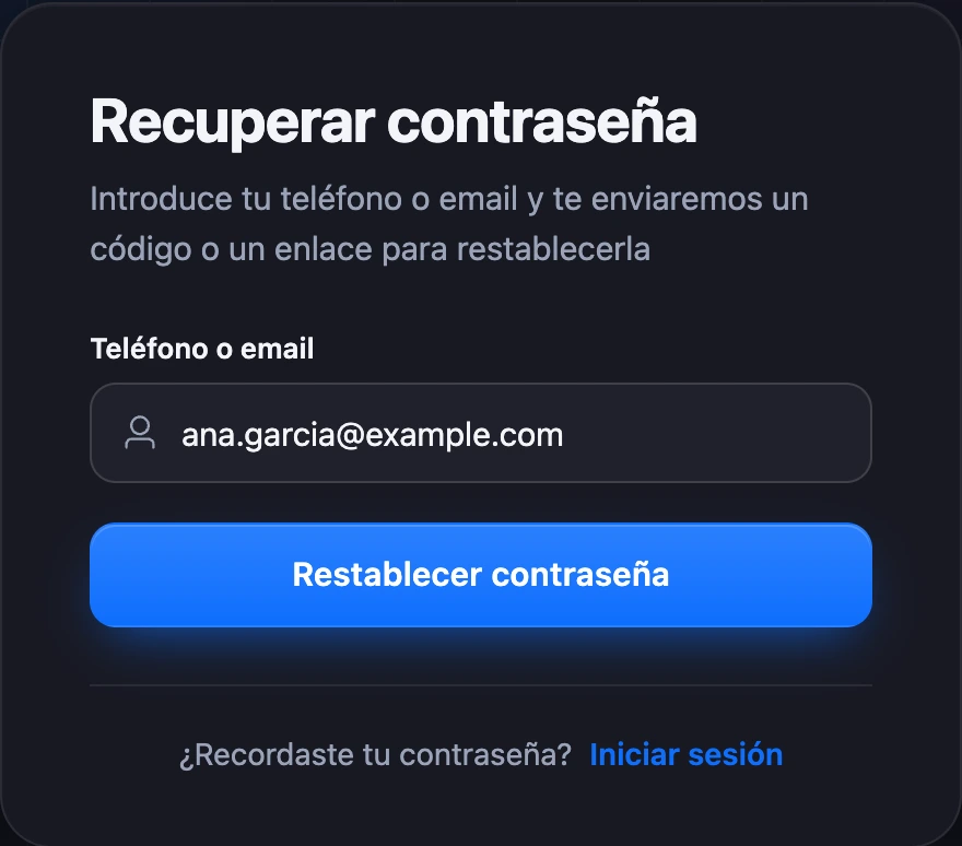 El formulario de recuperación de contraseña