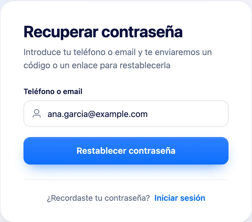 El formulario de recuperación de contraseña