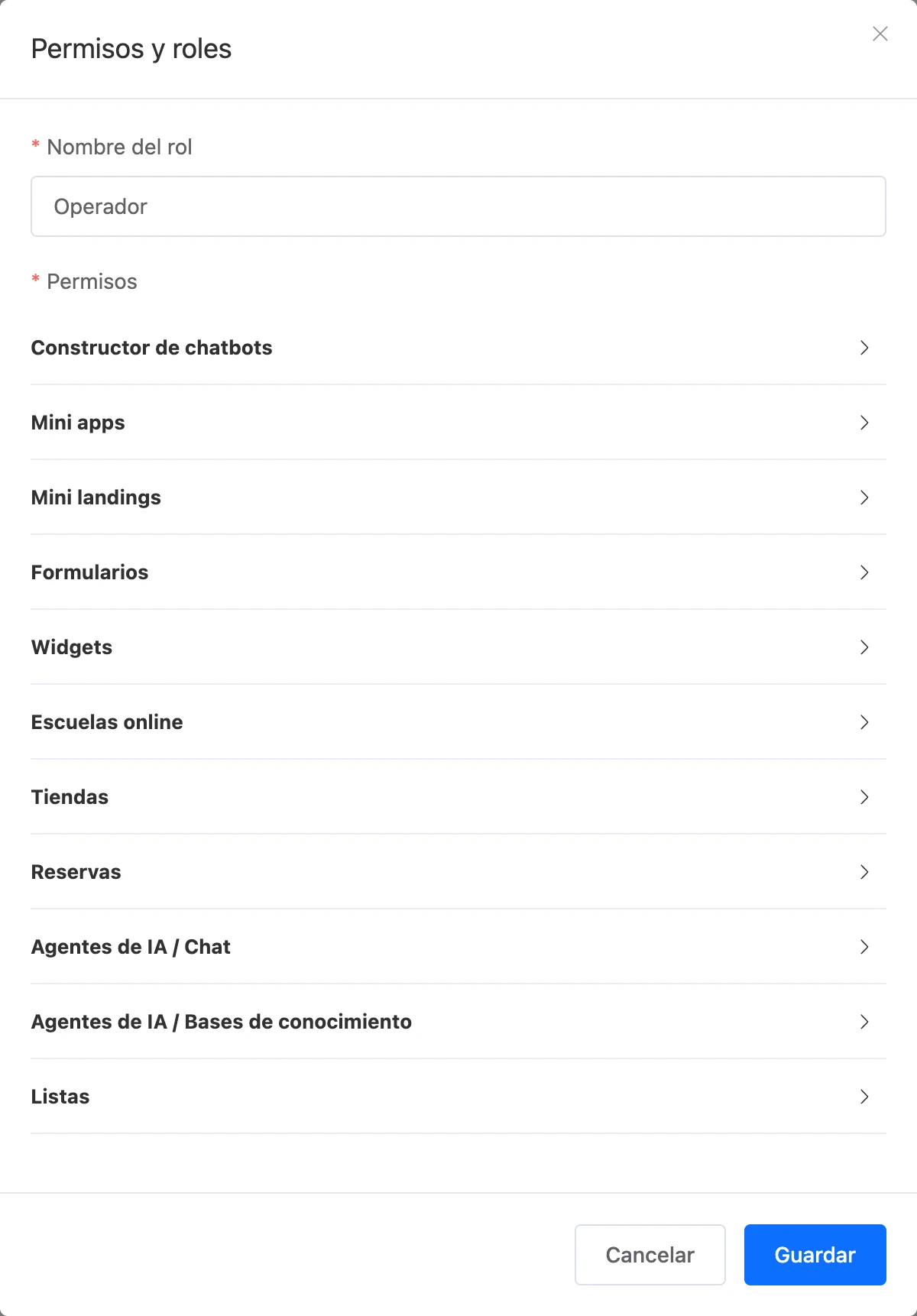 La ventana de un rol nuevo con la lista de secciones