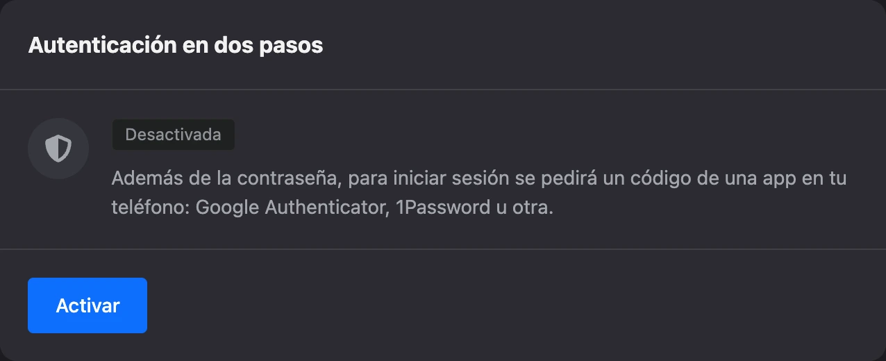 Tarjeta de autenticación en dos pasos en el perfil