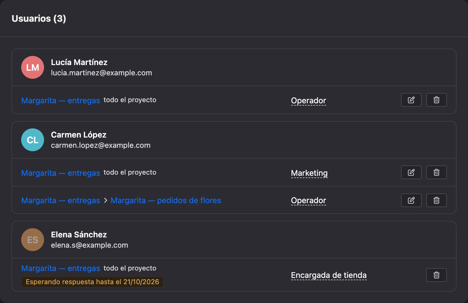 La pestaña Usuarios: miembros del equipo y sus accesos