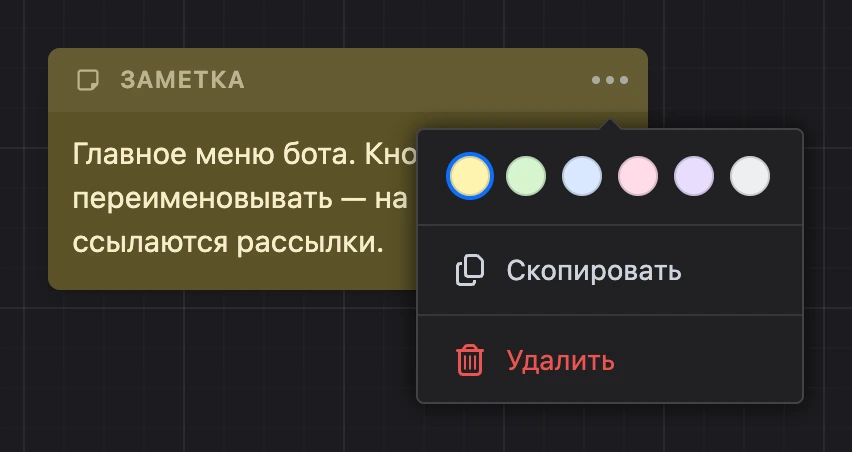 Заметка с открытым меню «⋯»: цвета, «Скопировать» и «Удалить»