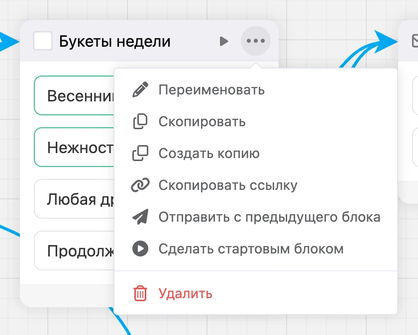Меню «⋯» в шапке блока: переименовать, скопировать, создать копию, ссылка, отправить с предыдущего блока, стартовый блок, удалить