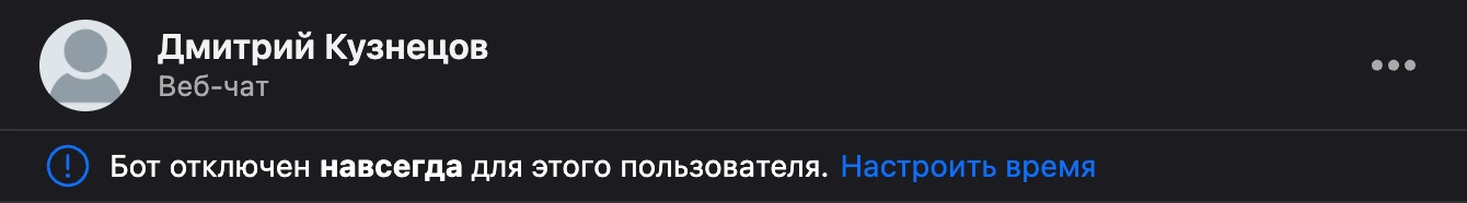 Плашка «Бот отключен навсегда для этого пользователя» над перепиской