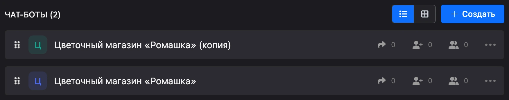Список ботов: бот и его копия